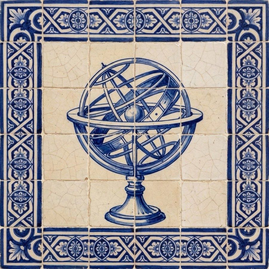 A hand-painted Portuguese tile panel of an armillary sphere.
