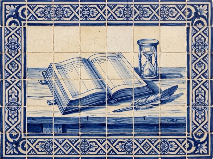 A hand-painted Portuguese tile panel of an open ledger book with a quill and an hourglass.