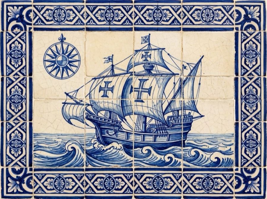 A hand-painted Portuguese tile panel of a caravel under sail with a compass rose.